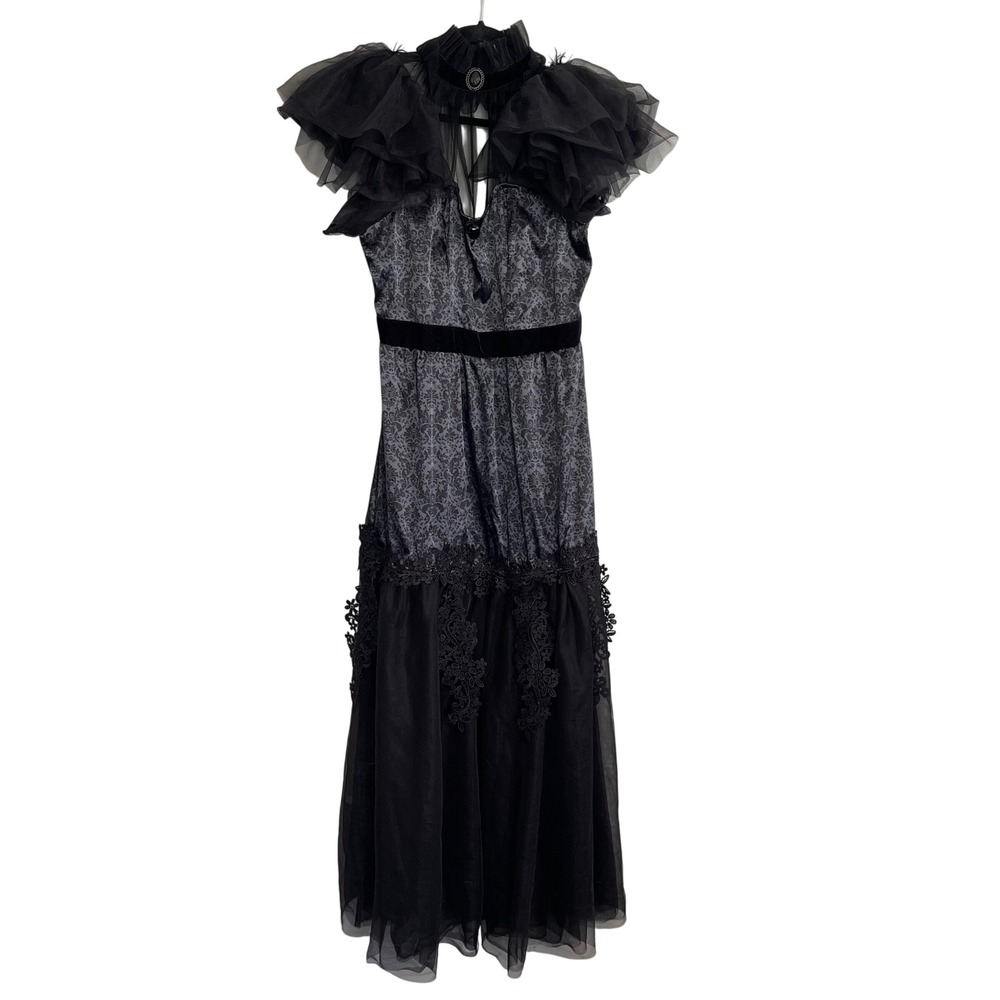 Suit Yourself Gothic Damask Maxi Dress Black Grey Lace Tulle Victorian Costume
